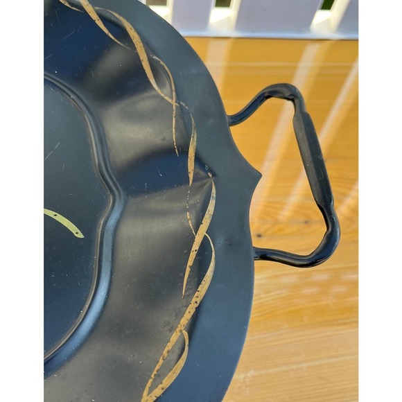 Black Vintage Hand-Painted Footed Toleware Serving Tray, Floral, Made in USA - Picture 5 of 10